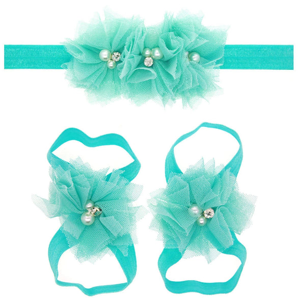 Baby Cloth Lace Pearl Rhinestone Flower Handmade Threepiece Set With Headband And Foot Band