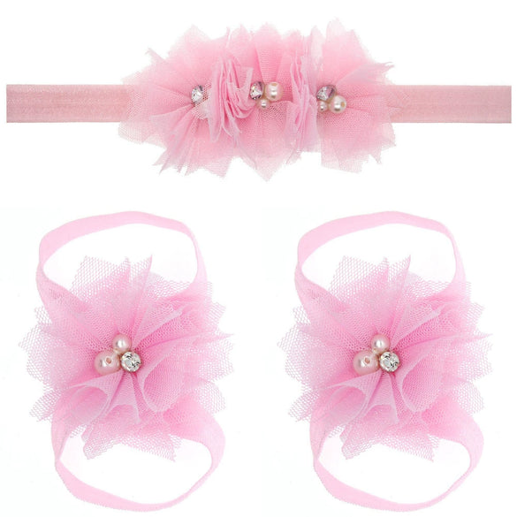 Baby Cloth Lace Pearl Rhinestone Flower Handmade Threepiece Set With Headband And Foot Band
