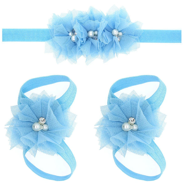 Baby Cloth Lace Pearl Rhinestone Flower Handmade Threepiece Set With Headband And Foot Band