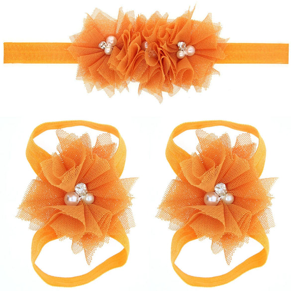 Baby Cloth Lace Pearl Rhinestone Flower Handmade Threepiece Set With Headband And Foot Band