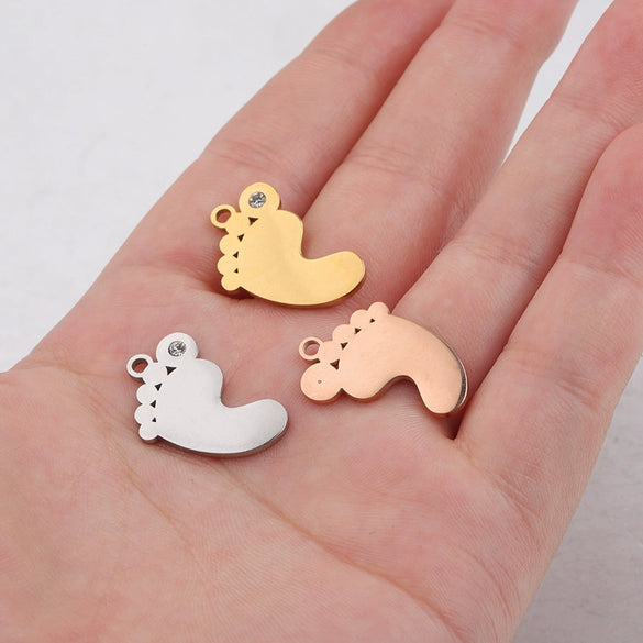 Baby Feet Pendant Stainless Steel Mirror Polished Jewelry Accessories With Rhinestone