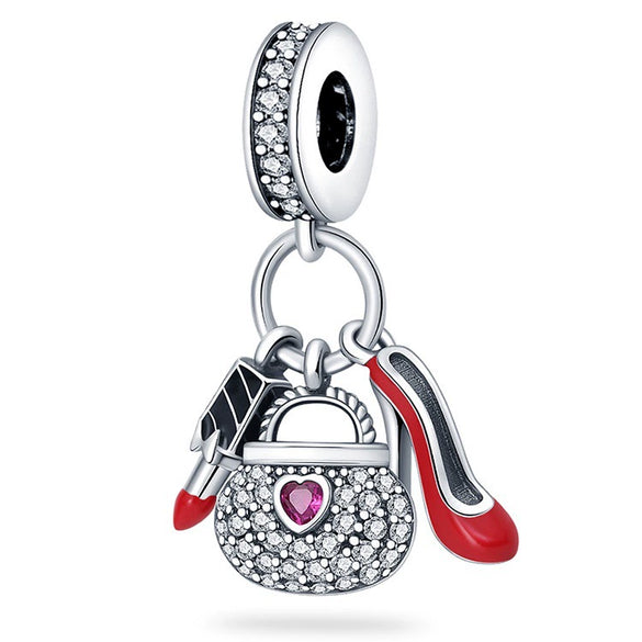 Bag Charm Beads Perfume Lipstick High Heels Shape White Copper Silver Plated Dripping Oil Original Design