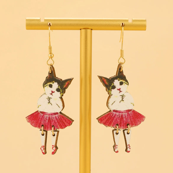 Ballet Dancing Cat Wood Earrings For Women 14K Gold Ear Needle Engraved Animal Zodiac Jewelry