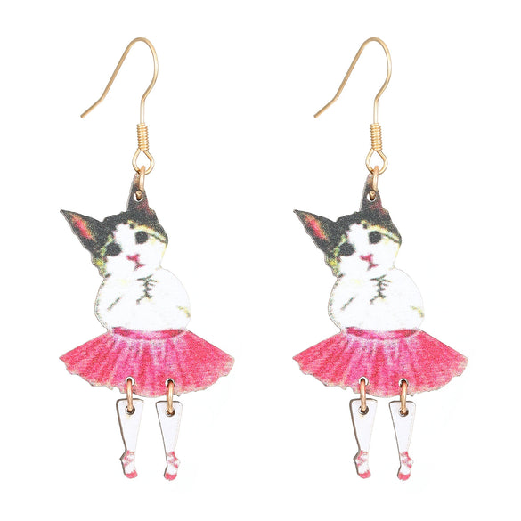 Ballet Dancing Cat Wood Earrings For Women 14K Gold Ear Needle Engraved Animal Zodiac Jewelry