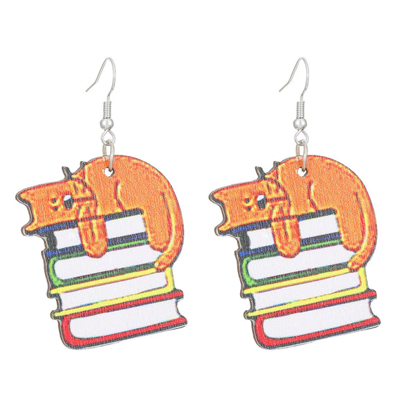 Ballet Dancing Cat Wood Earrings For Women 14K Gold Ear Needle Engraved Animal Zodiac Jewelry