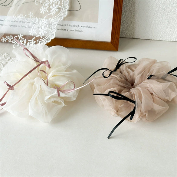 Ballet Style Mesh Ribbon Bow Hair Ring Handmade Fabric High Elasticity Women's Hair Accessories