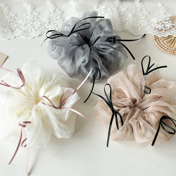 Ballet Style Mesh Ribbon Bow Hair Ring Handmade Fabric High Elasticity Women's Hair Accessories