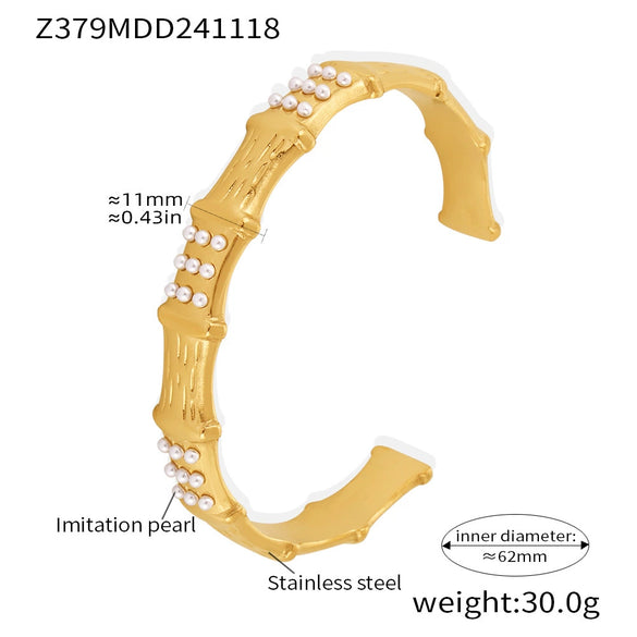 Bamboo Inlaid Bead Creative Temperament Open Bracelet Stainless Steel Shell Beads Geometric Style 18K Gold Plated