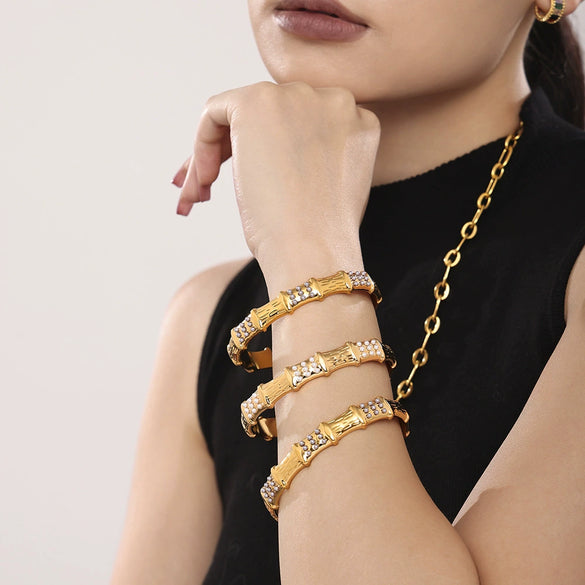 Bamboo Inlaid Bead Creative Temperament Open Bracelet Stainless Steel Shell Beads Geometric Style 18K Gold Plated