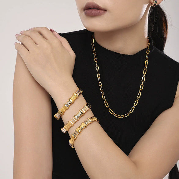 Bamboo Inlaid Bead Creative Temperament Open Bracelet Stainless Steel Shell Beads Geometric Style 18K Gold Plated