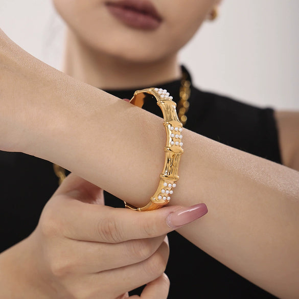 Bamboo Inlaid Bead Creative Temperament Open Bracelet Stainless Steel Shell Beads Geometric Style 18K Gold Plated