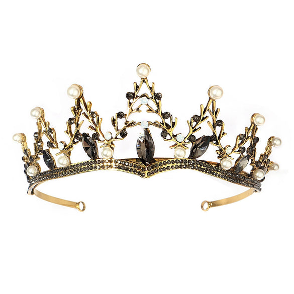 Baroque Bridal Crown Headdress With Rhinestone And Pearl Branch Design Alloy Stage Performance Headpiece For Women