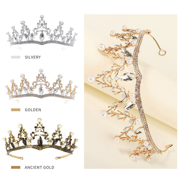 Baroque Bridal Crown Headdress With Rhinestone And Pearl Branch Design Alloy Stage Performance Headpiece For Women