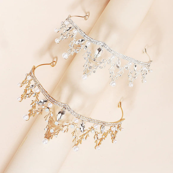 Baroque Bridal Crown Headdress With Rhinestone And Pearl Branch Design Alloy Stage Performance Headpiece For Women