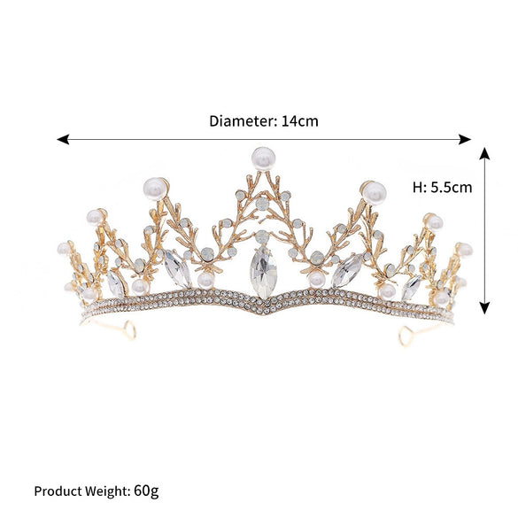 Baroque Bridal Crown Headdress With Rhinestone And Pearl Branch Design Alloy Stage Performance Headpiece For Women