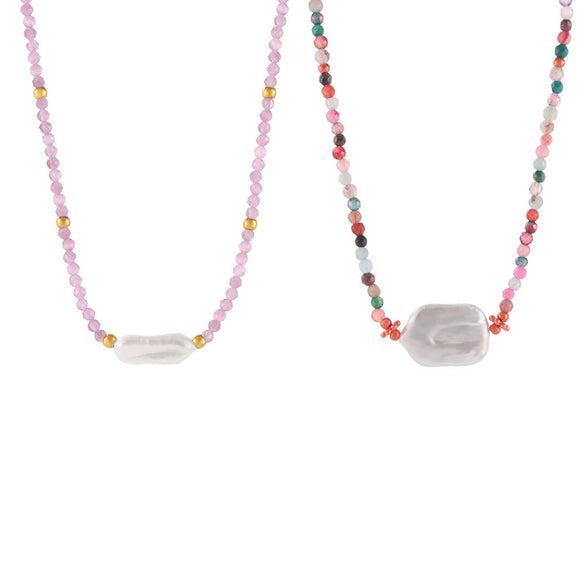 Baroque Fashion Cut Natural Stone Freshwater Pearl Pendant Necklace With Colorful Beaded Titanium Steel 18K Gold Plated In Geometric Design