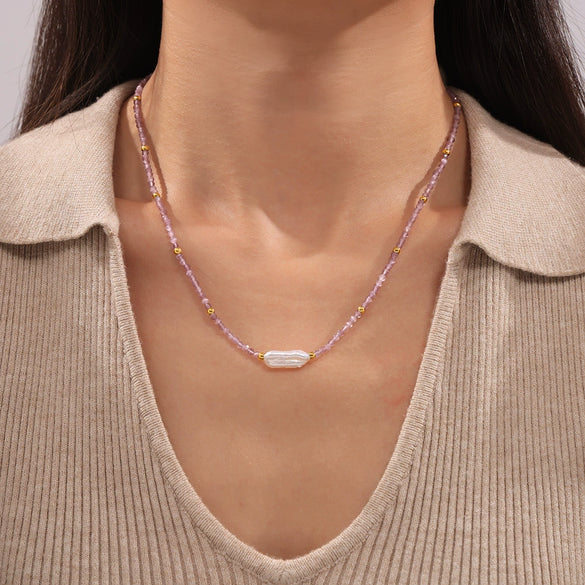 Baroque Fashion Cut Natural Stone Freshwater Pearl Pendant Necklace With Colorful Beaded Titanium Steel 18K Gold Plated In Geometric Design