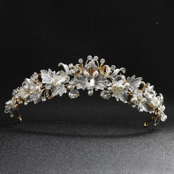 Baroque Floral Rhinestone Pearl Bridal Headband Alloy Electroplated Wedding Hair Crown For Women