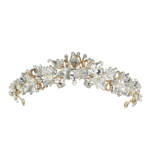 Baroque Floral Rhinestone Pearl Bridal Headband Alloy Electroplated Wedding Hair Crown For Women