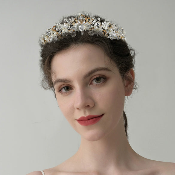 Baroque Floral Rhinestone Pearl Bridal Headband Alloy Electroplated Wedding Hair Crown For Women