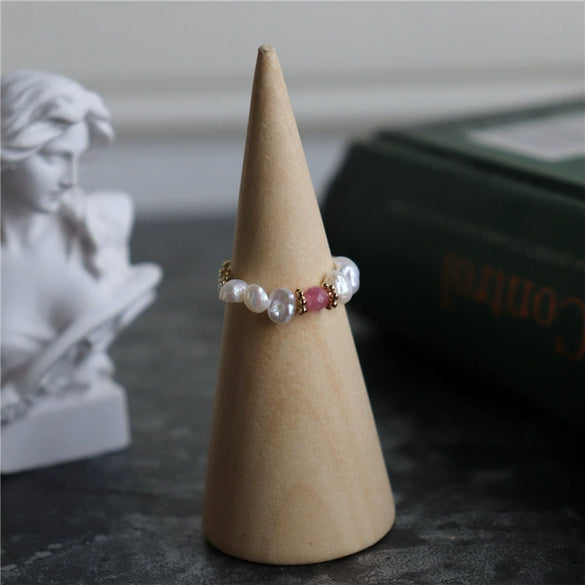 Baroque Freshwater Pearl And Tourmaline Floral Elastic Ring With Gold Tone Chain Natural Irregular Design For Women