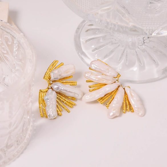 Baroque Freshwater Pearl Earrings Handmade Titanium Steel Geometric Design For Women