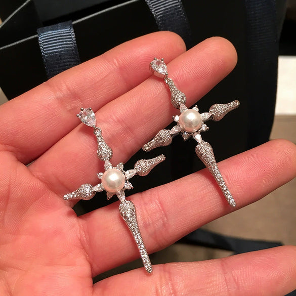 Baroque Geometric Copper Imitation Pearl Women's Cross Earrings