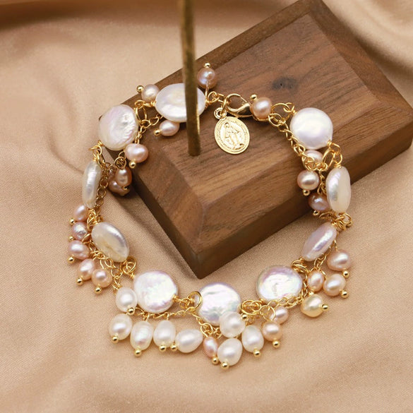 Baroque Natural Freshwater Pearl Retro Non Fading Handmade Electroplated Women's Bracelet With Geometric Styling