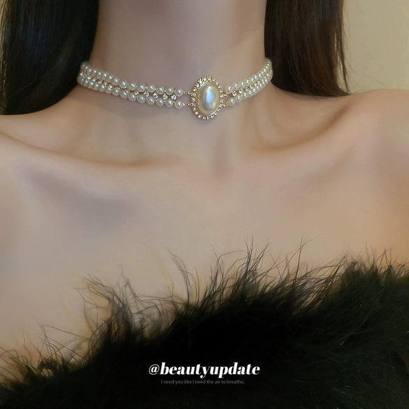 Baroque Oval Pearl Doublelayer Fashion Elegant Retro Mori Exaggerated Allmatch Women Necklace With Geometric Design