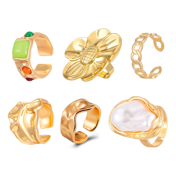 Baroque Pearl Flower Pleated Metal Lava Ring For Women Retro Fashion With Electroplating Geometric Pattern And Mixed Materials