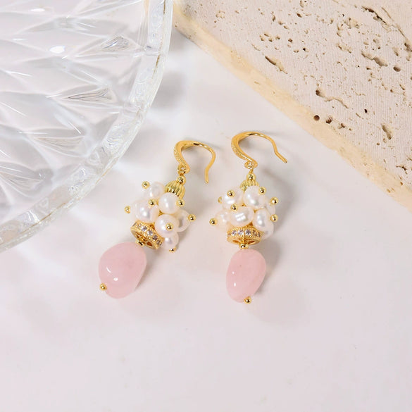 Baroque Pink Crystal Pomegranate Freshwater Pearl Titanium Steel Handmade Geometric Women's Earrings