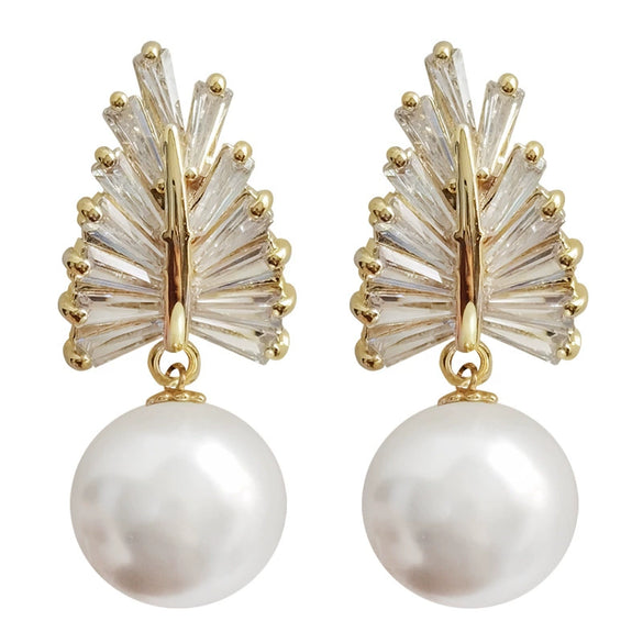 Baroque Style Copper Imitation Pearl Earrings With Wheat Zircon And Flowers Leaves Pattern For Women