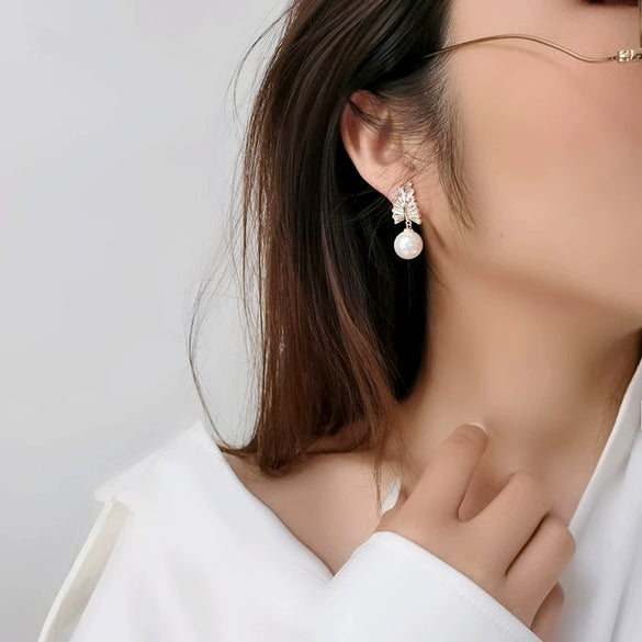 Baroque Style Copper Imitation Pearl Earrings With Wheat Zircon And Flowers Leaves Pattern For Women