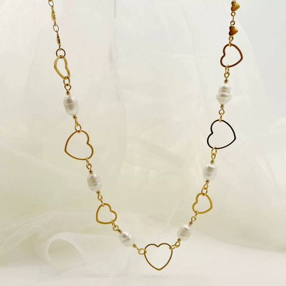 Baroque Style Freshwater Pearl Heartshaped Stainless Steel Chain Necklace With Electroplating Design For Women
