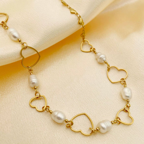 Baroque Style Freshwater Pearl Heartshaped Stainless Steel Chain Necklace With Electroplating Design For Women