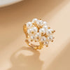 Baroque Style Metal Imitation Pearl Pleated Flower Ring For Women With Electroplating
