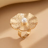 Baroque Style Metal Imitation Pearl Pleated Flower Ring For Women With Electroplating