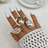 Baroque Style Metal Imitation Pearl Pleated Flower Ring For Women With Electroplating