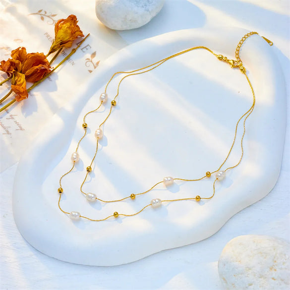 Baroque Style Solid Color Imitation Pearl Titanium Steel Beaded Plating 18k Gold Plated Layered Necklaces