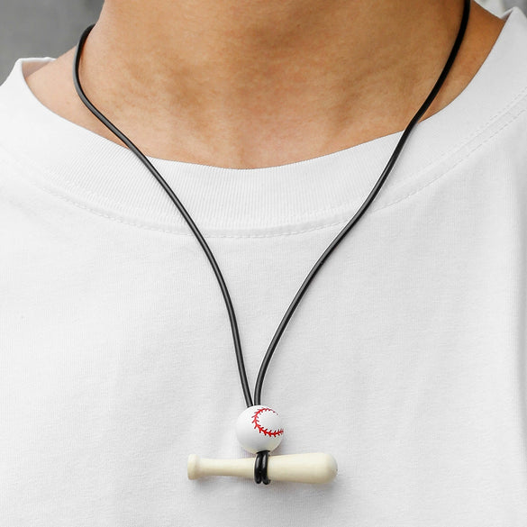 Baseball Bat Pendant Necklace Wooden Leather Stone Geometric Handmade Unisex