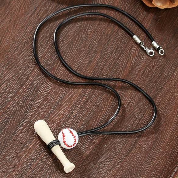 Baseball Bat Pendant Necklace Wooden Leather Stone Geometric Handmade Unisex