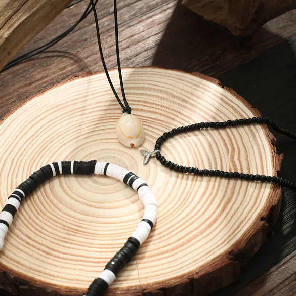 Basic Bohemian Geometric Seed Bead Shell Soft Clay Beaded Men'S Three Layer Necklace