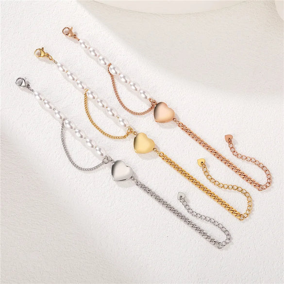 Basic Classic Style Heart Shape Artificial Pearl Titanium Steel Wholesale Bracelets