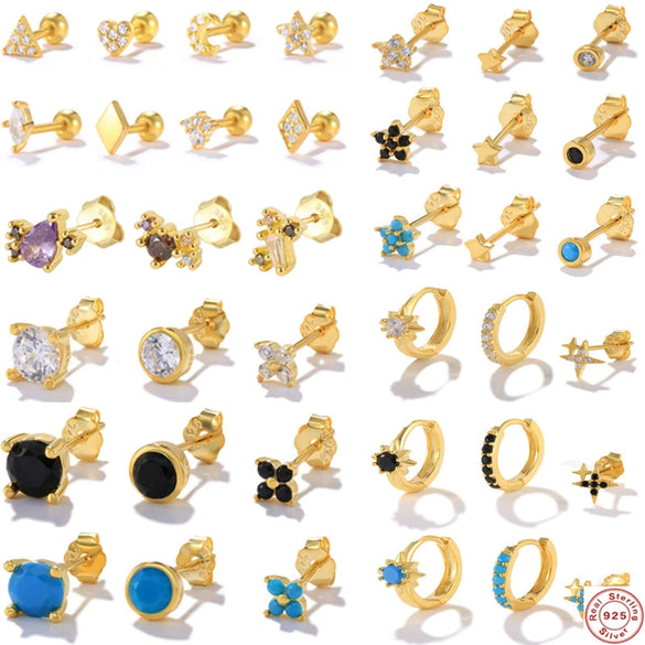 Basic Stacked Threepiece Set Of Sterling Silver Earrings With Stars And Love Shapes Electroplated