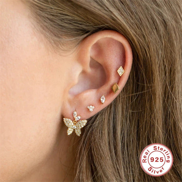 Basic Stacked Threepiece Set Of Sterling Silver Earrings With Stars And Love Shapes Electroplated