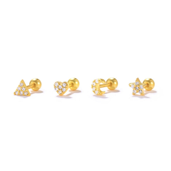 Basic Stacked Threepiece Set Of Sterling Silver Earrings With Stars And Love Shapes Electroplated
