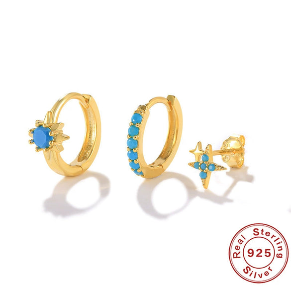 Basic Stacked Threepiece Set Of Sterling Silver Earrings With Stars And Love Shapes Electroplated