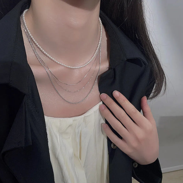 Basic Waves Sterling Silver White Gold Plated Three Layer Necklace In Bulk