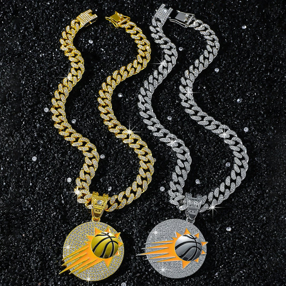 Basketball Logo Pendant Necklace Hiphop Style Alloy Cuban Chain Electroplated