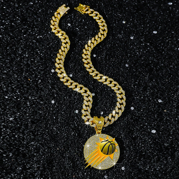 Basketball Logo Pendant Necklace Hiphop Style Alloy Cuban Chain Electroplated